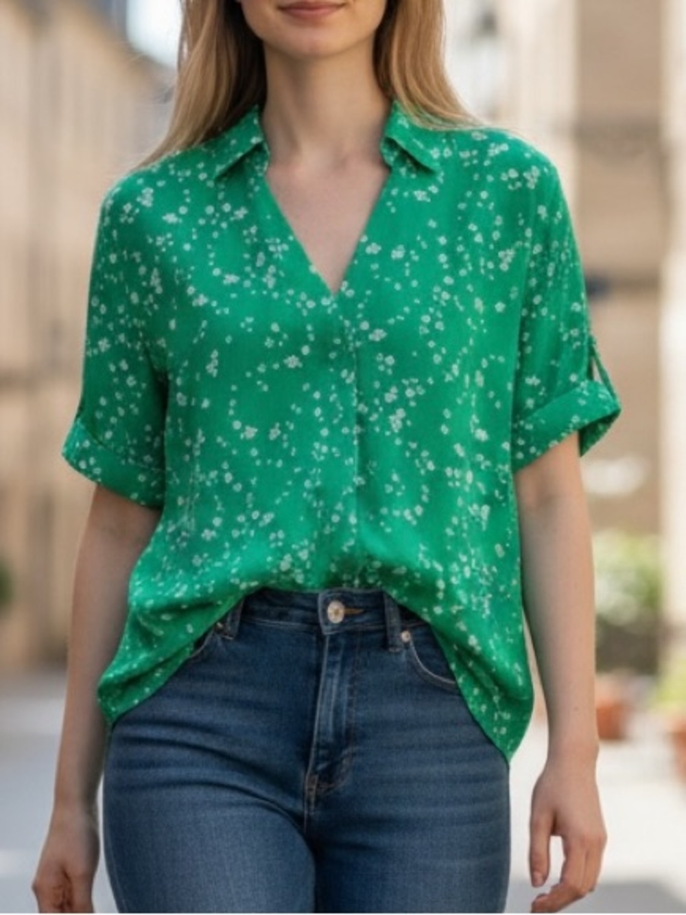 CAbi Teal & White Floral Blouse – Lightweight Roll Sleeve Top Size XS